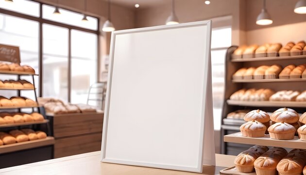 Blank mock-up board on blur background of bakery shop. Generative ai