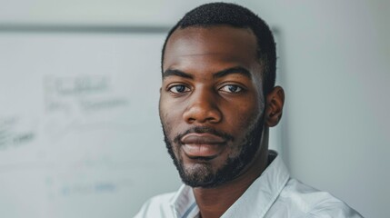 A man with a beard and short hair wearing a white shirt looking directly at the camera with a serious expression.