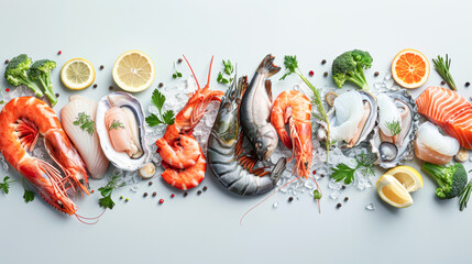 flat lay showcasing a mix of fresh and cooked seafood, emphasizing sustainability and freshness in a product shot for a seafood market.