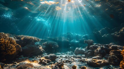Fototapeta premium Underwater view of the deep sea, showcasing rocks and corals with sunlight filtering through the water. 
