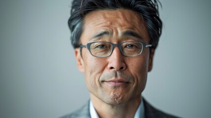 Obraz premium A man with a thoughtful expression wearing glasses and dressed in a suit captured in a close-up portrait.