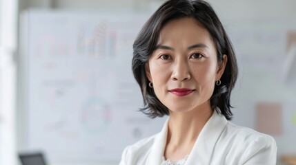 Fototapeta premium Asian woman with short hair wearing white blazer smiling with red lipstick standing in front of whiteboard with colorful drawings and text.