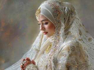A beautiful portrait of a young woman wearing a hijab and traditional middle eastern wedding dress with intricate gold embroidery and ornate jewelry.