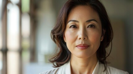 A woman with a gentle smile looking directly at the camera with soft brown hair and a subtle blush on her cheeks.