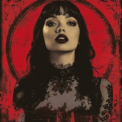 A dark portrait of a vampire woman with long black hair, red lips, and a black lace dress.