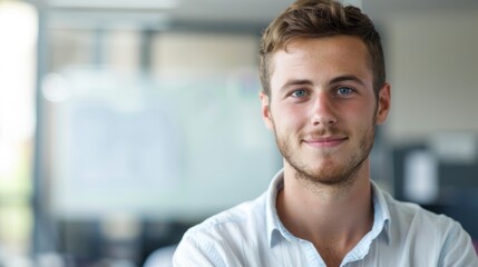 Obraz premium Young man with blue eyes and beard smiling wearing a white shirt standing in an office with a window in the background.