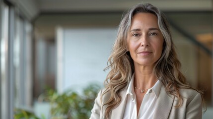 A poised woman with long wavy hair and a subtle smile wearing a light-colored blazer and a delicate necklace standing in an office setting with blurred greenery in the background.