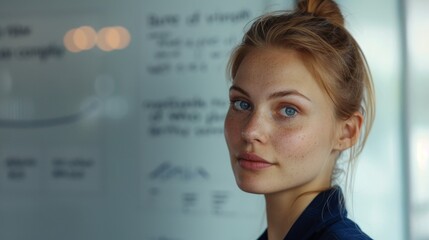 Obraz premium A woman with blue eyes and freckles wearing a blue top looking to the side with a thoughtful expression.