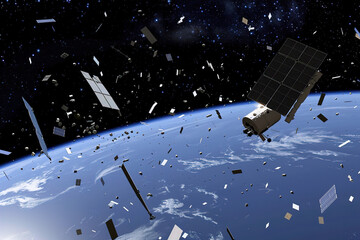 Floating in the space orbital debris and waste.