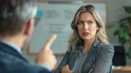 Obraz premium A woman with a concerned expression wearing a gray blazer sitting at a meeting with a man pointing at a whiteboard.