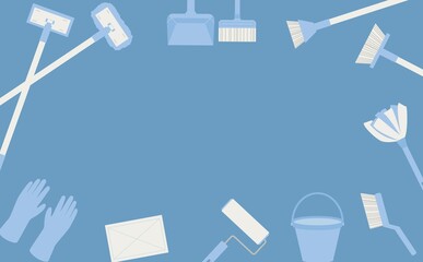 青い掃除道具のフレーム_青背景