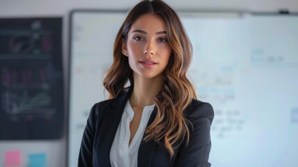 A woman with long wavy hair wearing a black blazer over a white shirt standing in an office with a whiteboard in the background.