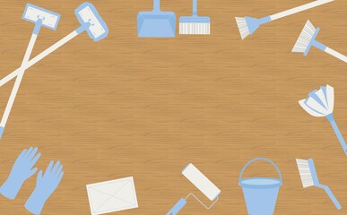青い掃除道具のフレーム_フローリング背景