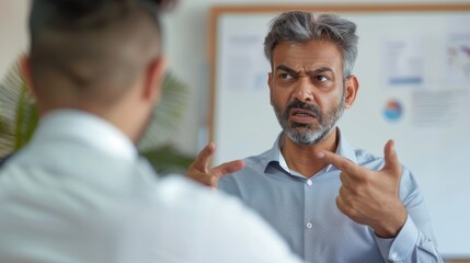 Obraz premium Man in business attire gesturing with both hands expressing concern or disagreement during a meeting.