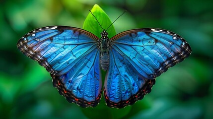 A stunning closeup photograph of a blue morpho butterfly, with its vibrant blue wings spread wide