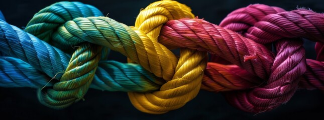 Colorful Rope Knot Chain, Black Background Unity Strength, Intertwined Braided Tension, Teamwork