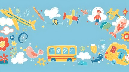 Fototapeta premium Whimsical School Bus Adventure Through a Colorful Dreamscape of Nature and Childhood Imagination