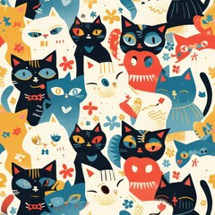 A seamless pattern of cute and colorful cats in various poses, wearing different accessories and surrounded by flowers