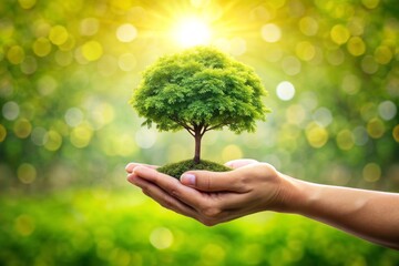 Hand holding tree on the world with sunny green grass bokeh background