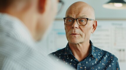 Bald man with glasses wearing a blue shirt with lettering engaged in a conversation with another...