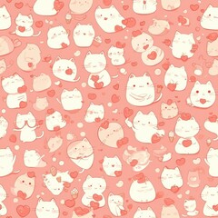Obraz premium A cute and colorful pattern of cartoon cats in various poses, surrounded by hearts