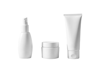 Blank cosmetic packaging mockup: spray, jar and tube