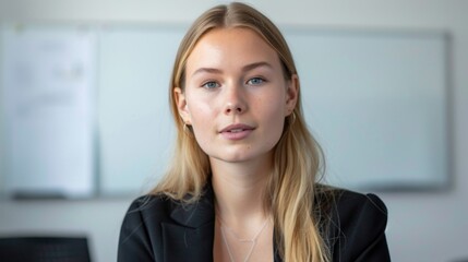 Fototapeta premium Young woman with blonde hair and blue eyes wearing a black blazer and a delicate necklace seated in an office environment with a whiteboard in the background.