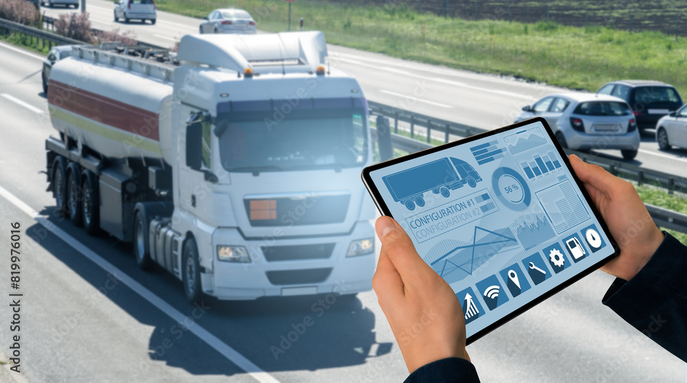 Poster Manager with a digital tablet on the background of truck. Fleet management..