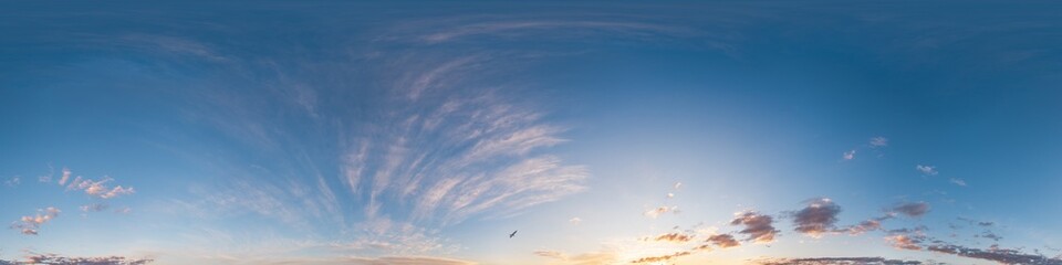 Sunset sky with bright glowing pink Cirrus clouds. Seamless spherical HDR 360 panorama. Full zenith or sky dome in 3D, sky replacement for aerial drone panoramas. Climate and weather change.