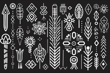 Fototapeta premium A black and white illustration of a variety of native art, white line drawing 