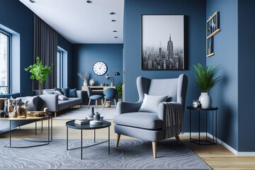 Elegant Modern Living Room with Blue Accents and Minimalist Decor