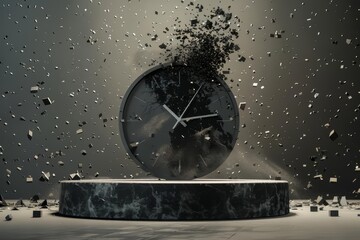 A blank podium showcase with an exploding clock as the central element