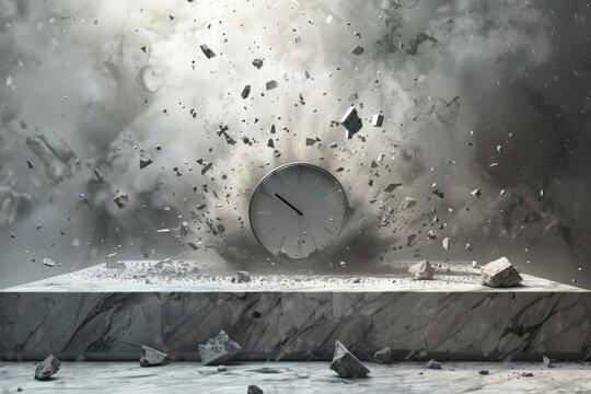 A blank podium showcase with an exploding clock as the central element