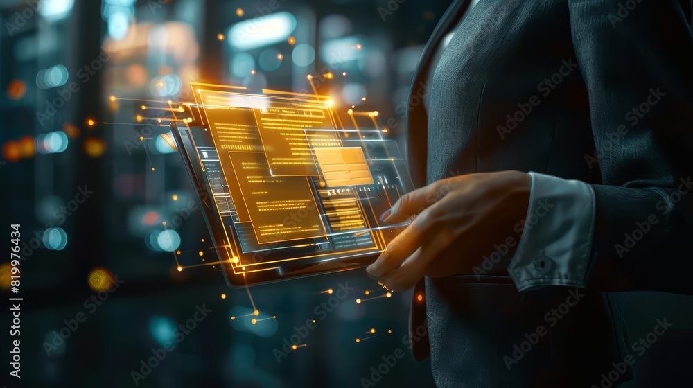 Poster a business professional holding a tablet with a holographic interface displaying a digital file syst