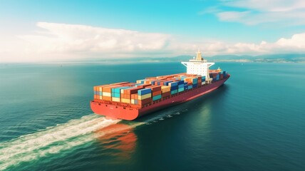 a bustling cargo ship laden with containers of various colors, cutting through the calm ocean waters