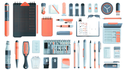 Different stationery items placed in a flat layout isolated on a transparent background, PNG, Ai