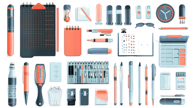 Different stationery items placed in a flat layout isolated on a transparent background, PNG, Ai