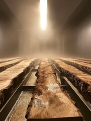 A wood processing plant with a foggy atmosphere generated by AI