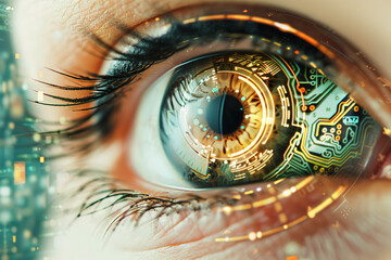 A close-up of a person's eye wearing smart contact lenses with embedded microchips.