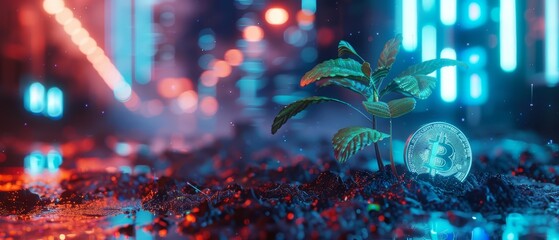 A creative scene with a silver Bitcoin coin embedded in the ground