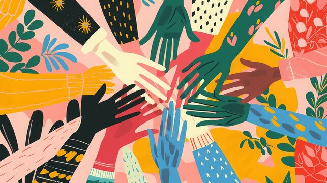 Colorful illustration depicting diverse hands reaching towards the center in unity