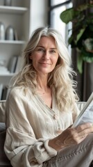 Woman with long blonde hair wearing a beige cardigan sitting on a couch reading a book in a cozy home setting with a plant and bookshelves in the background.