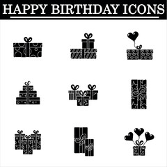 Set of birthday simple icons on the white background. Celebration black icons. Isolated vector. Gift icons.