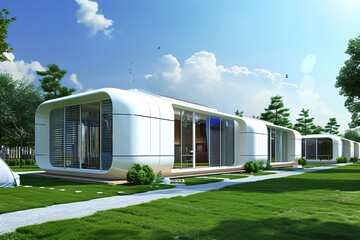 Modular smart homes, connecting sleek panels, embracing eco-friendly living with technology.