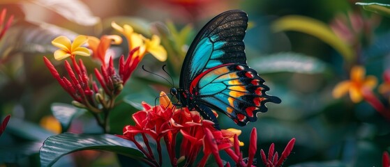 A butterfly with vivid colors sitting on a red flower in nature