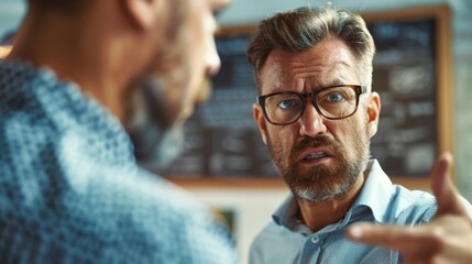 Man with glasses and beard gesturing with his right hand engaged in a conversation with another man whose back is to the camera.