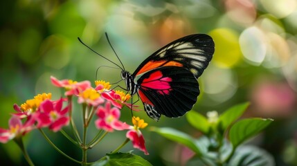 A vibrant butterfly perched on a blooming flower in nature