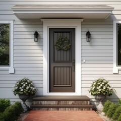 Fototapeta premium Residential home, vintage entrance wood solid door with the windows on sides and overhead. High quality photo