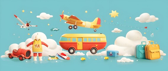 Obraz premium Joyful Vacation Memories Captured in Whimsical Miniature Landscape with Retro Inspired Transport