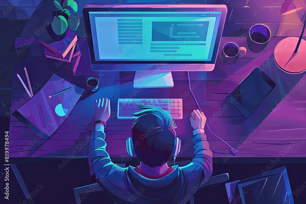 Poster a top view of a man sitting at a desk, actively working on a computer